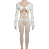 Long Sleeve Tie Up Crop Tops And Pants Lace Two Piece Set XEF-36598