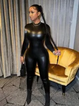 Long Sleeve PU Leather Slim Jumpsuit CM-9702