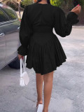 Pleated V-neck Ruffle Sleeve Mini Dress YH-5308