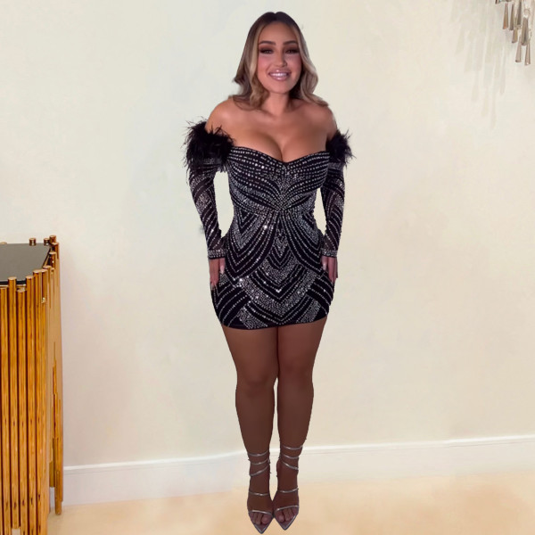 Hot Drill Feather Patchwork One Shoulder Mini Dress NY-2887