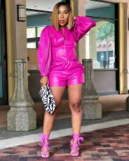Press Pleat Long Sleeve PU Leather Two Piece Short Set MK-3190