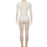 Long Sleeve Tie Up Crop Tops And Pants Lace Two Piece Set XEF-36598