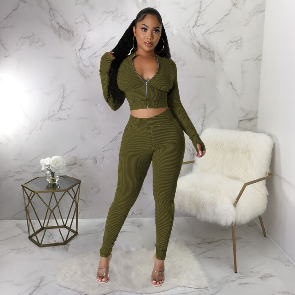 Zipper Long Sleeve Top And Pants 2 Piece Set YF-10659