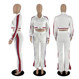 Striped Button Colorblock Split Pants Sport Suit YIBF-60186