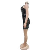 Mesh Solid Color Hot Drill Halter Dress BY-6703