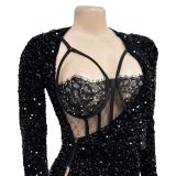 Solid Color Sequin Sexy Split Maxi Dress BY-6725
