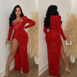 Solid Color Sequin Sexy Split Maxi Dress BY-6725