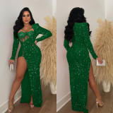 Solid Color Sequin Sexy Split Maxi Dress BY-6725