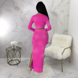 Printed Pleated Split Skirt Long Sleeve Two Piece Set YF-10658