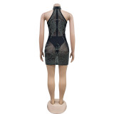Mesh Solid Color Hot Drill Halter Dress BY-6703