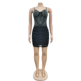 Mesh Hot Drill Sling Mini Dress BY-6682