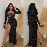 Solid Color Sequin Sexy Split Maxi Dress BY-6725