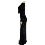 Solid Color Sequin Sexy Split Maxi Dress BY-6725
