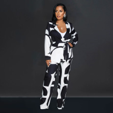 Printed Tie Up Blazer Long Sleeve Pants Two Piece Set BY-6707