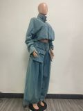 Vintage Zipper And Wide Leg Pants Denim 2 Piece Set  YMEF-51015
