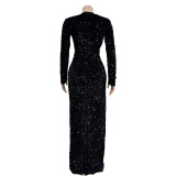 Solid Color Sequin Sexy Split Maxi Dress BY-6725