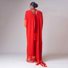 Middle Eastern Scarf Collar Tassel Robe Wide Leg Pants Set MUE-7999