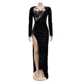 Solid Color Sequin Sexy Split Maxi Dress BY-6725