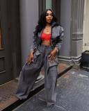 Vintage Zipper And Wide Leg Pants Denim 2 Piece Set  YMEF-51015