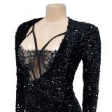 Solid Color Sequin Sexy Split Maxi Dress BY-6725