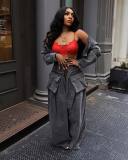 Vintage Zipper And Wide Leg Pants Denim 2 Piece Set  YMEF-51015