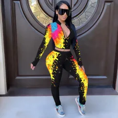 Plus Size Colorful Spatter Ink Casual Pants Two Piece Set OYF-D8319