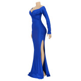 Solid Color V Neck Split Maxi Dress AIL-AL143