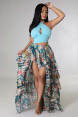 Irregular Split Printed Mesh Cake Skirt GFDY-1114