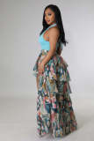 Irregular Split Printed Mesh Cake Skirt GFDY-1114