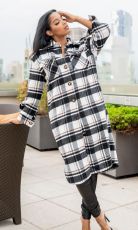 Striped Plaid Tweed Long Sleeve Long Coat CQ-212