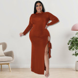 Plus Size Long Sleeve Solid Color Tie Up Maxi Dress GDAM-218253