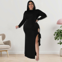 Plus Size Long Sleeve Solid Color Tie Up Maxi Dress GDAM-218253