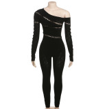 Sexy Hollow Out Knit Tight Long Sleeve Jumpsuit XEF-38029