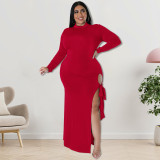 Plus Size Long Sleeve Solid Color Tie Up Maxi Dress GDAM-218253