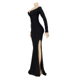 Solid Color V Neck Split Maxi Dress AIL-AL143