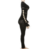 Sexy Hollow Out Knit Tight Long Sleeve Jumpsuit XEF-38029