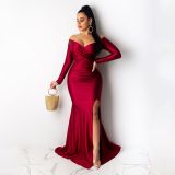 Solid Color V Neck Split Maxi Dress AIL-AL143
