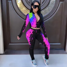 Plus Size Colorful Spatter Ink Casual Pants Two Piece Set OYF-D8319