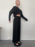 Solid Color Long Sleeve Crop Tops And Loose Pant 2 Piece Set OLYF-6111