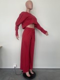 Solid Color Long Sleeve Crop Tops And Loose Pant 2 Piece Set OLYF-6111