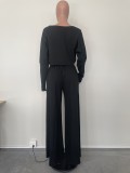Solid Color Long Sleeve Crop Tops And Loose Pant 2 Piece Set OLYF-6111