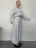 Solid Color Long Sleeve Crop Tops And Loose Pant 2 Piece Set OLYF-6111
