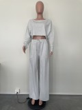 Solid Color Long Sleeve Crop Tops And Loose Pant 2 Piece Set OLYF-6111