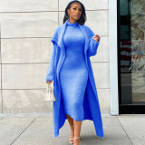 Plus Size Solid Padded Coat And Midi Dress 2 Piece Set(With Waist Belt)  XHSY-BT19484