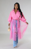 Mesh Patchwork Long Sleeve Long Shirt XHXF-950