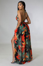Sexy Halter Blackless Split Print Dress XHXF-290