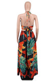 Sexy Halter Blackless Split Print Dress XHXF-290