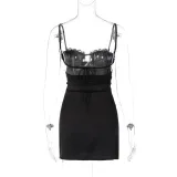 Sexy V Neck Lace Tie Up Mini Dress GKLK-D3311958Y