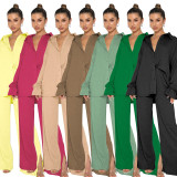 Lapel Single-breasted Tie Up Two Piece Pants Set SSNF-220813
