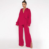 Lapel Single-breasted Tie Up Two Piece Pants Set SSNF-220813